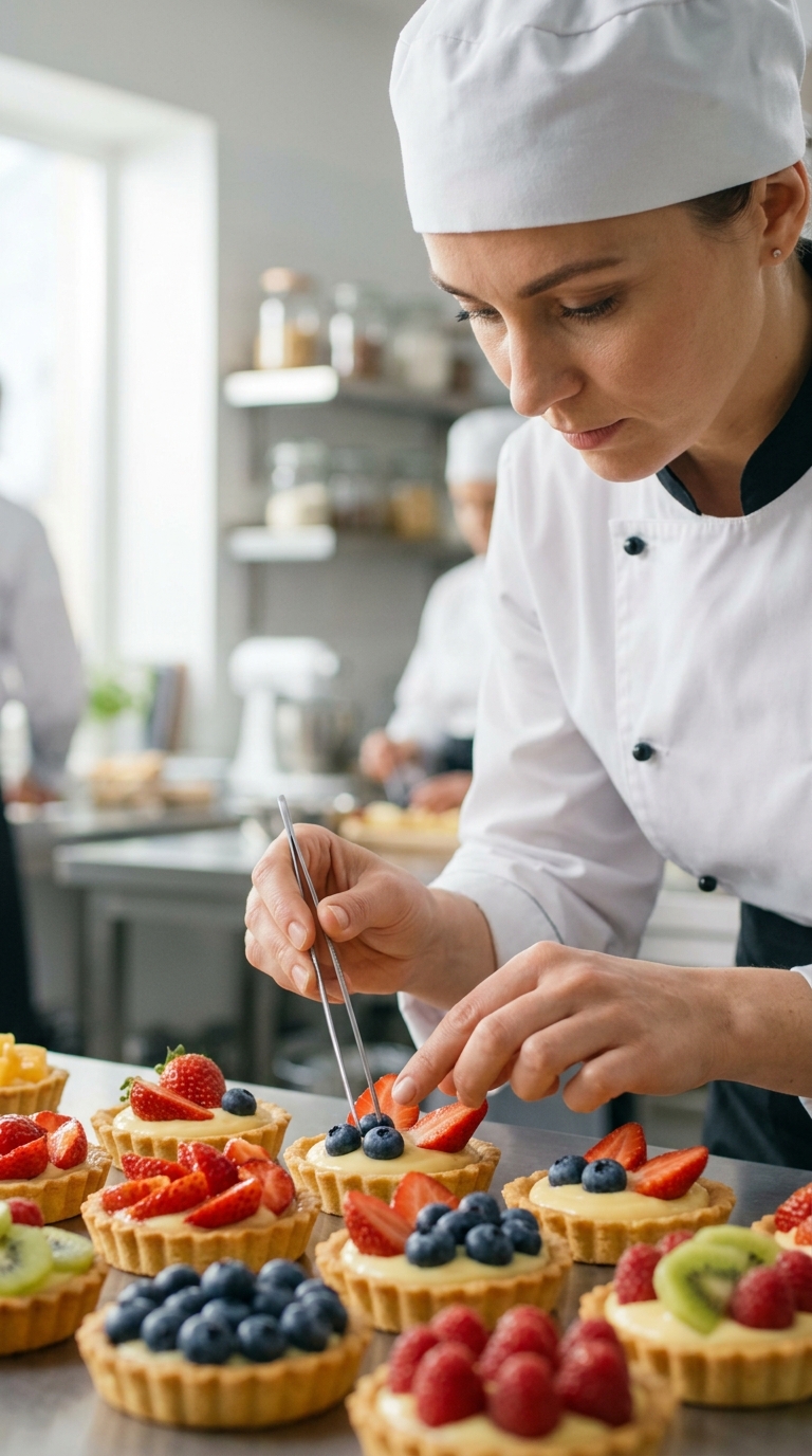 Foundation in Pastry and Bakery — pastry chef finishing fruit tarts in a professional kitchen