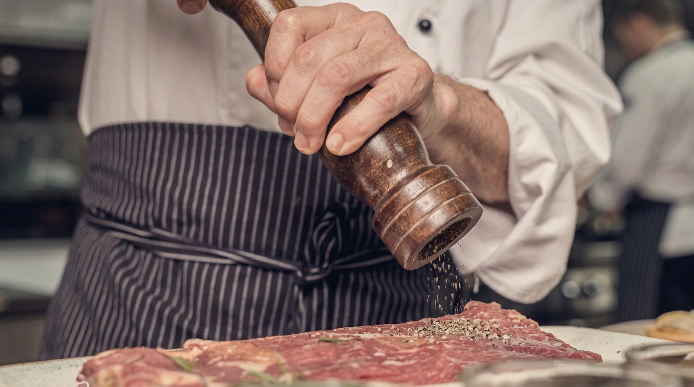 Foundation in Professional Cookery — chef seasoning meat in a professional kitchen
